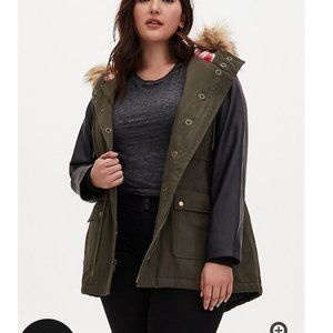 Olive Green Twill & Faux Leather Hooded Parka -NWT